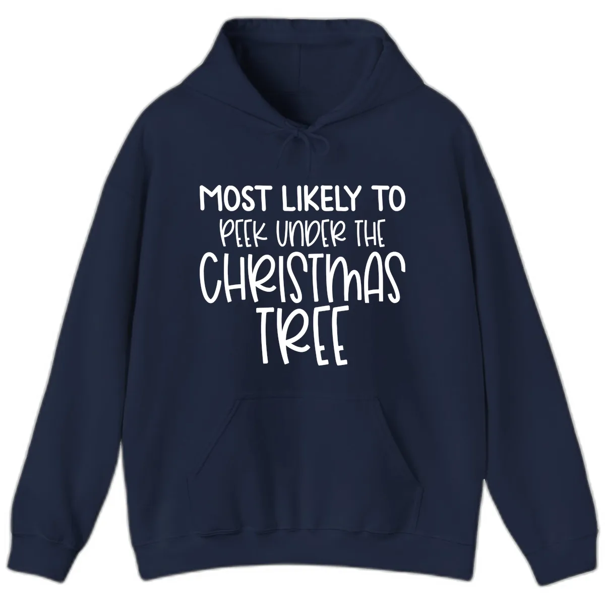 Most Likely To Peek Under Christmas Tree Hoodie in Navy