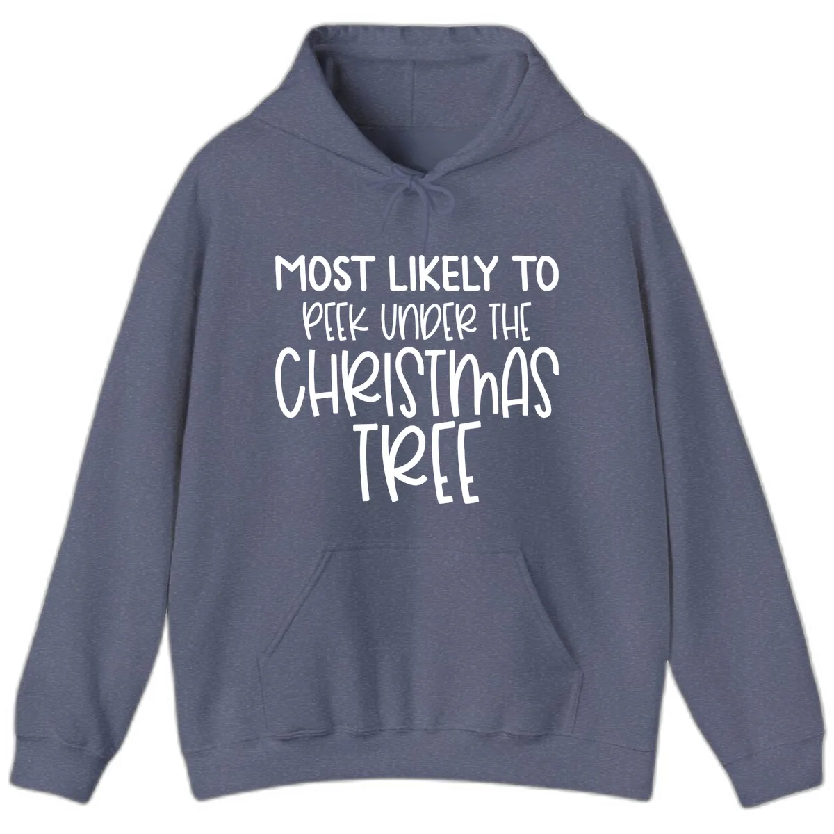 Most Likely To Peek Under Christmas Tree Hoodie in Heather Navy