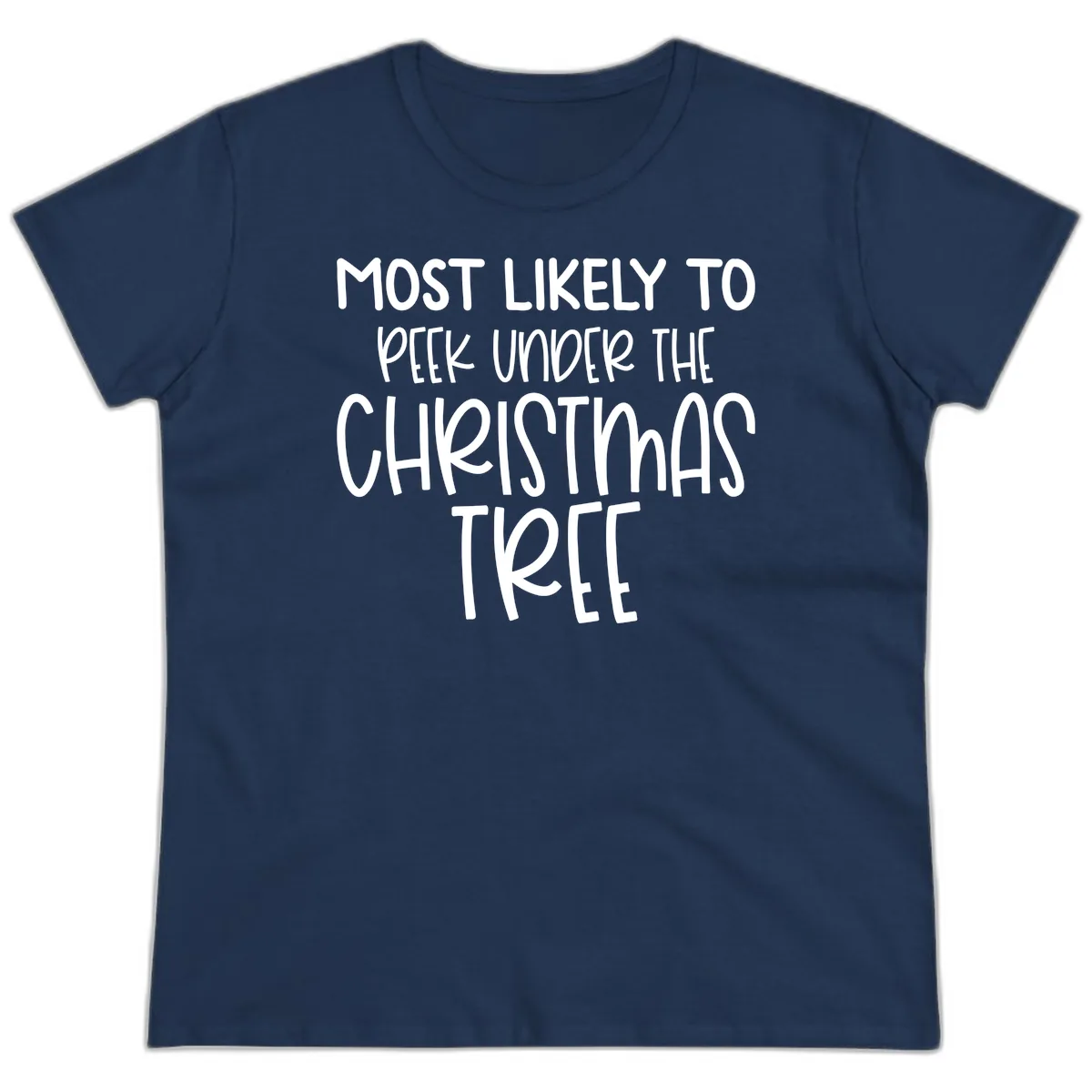 Most Likely To Peek Under Christmas Tree Ladies Tee in Navy