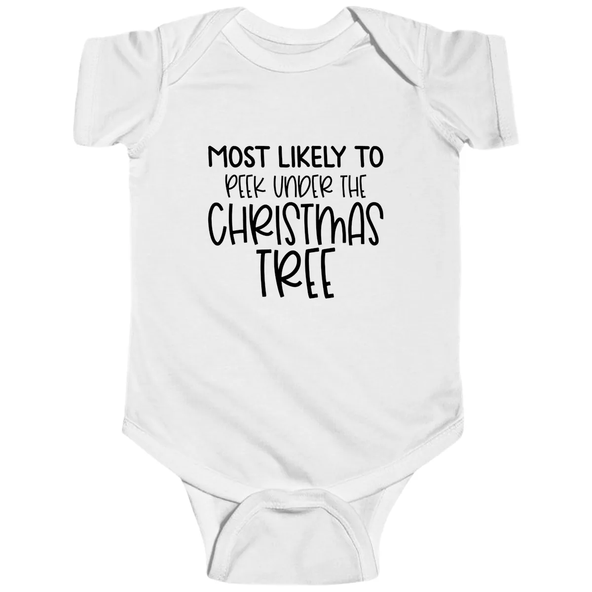 Most Likely To Peek Under Christmas Tree Baby Onesie in White