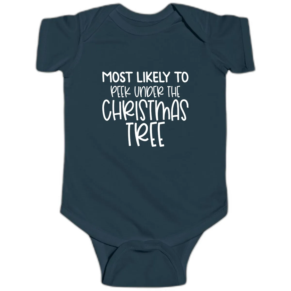 Most Likely To Peek Under Christmas Tree Baby Onesie in Navy