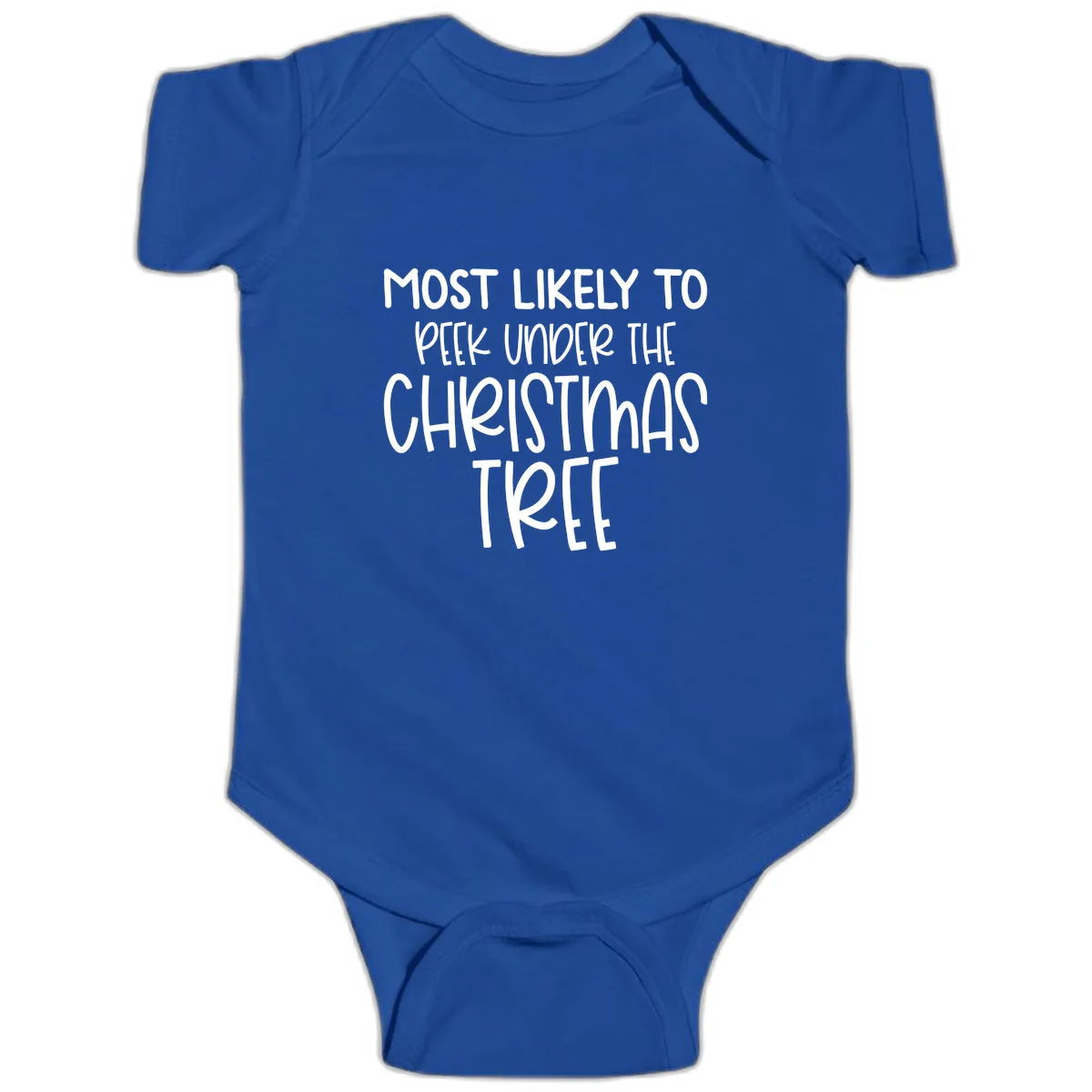 Most Likely To Peek Under Christmas Tree Baby Onesie in Royal
