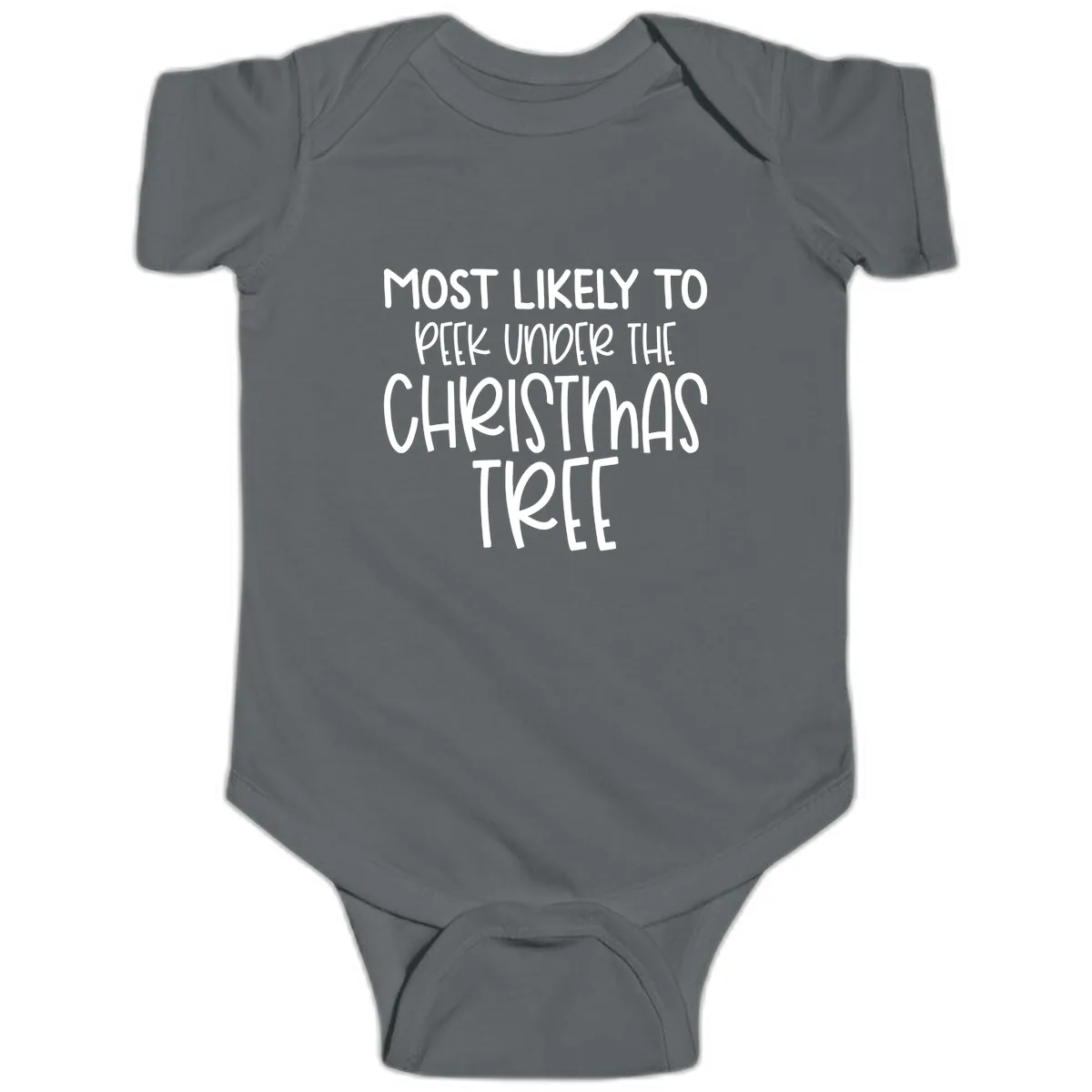 Most Likely To Peek Under Christmas Tree Baby Onesie in Charcoal