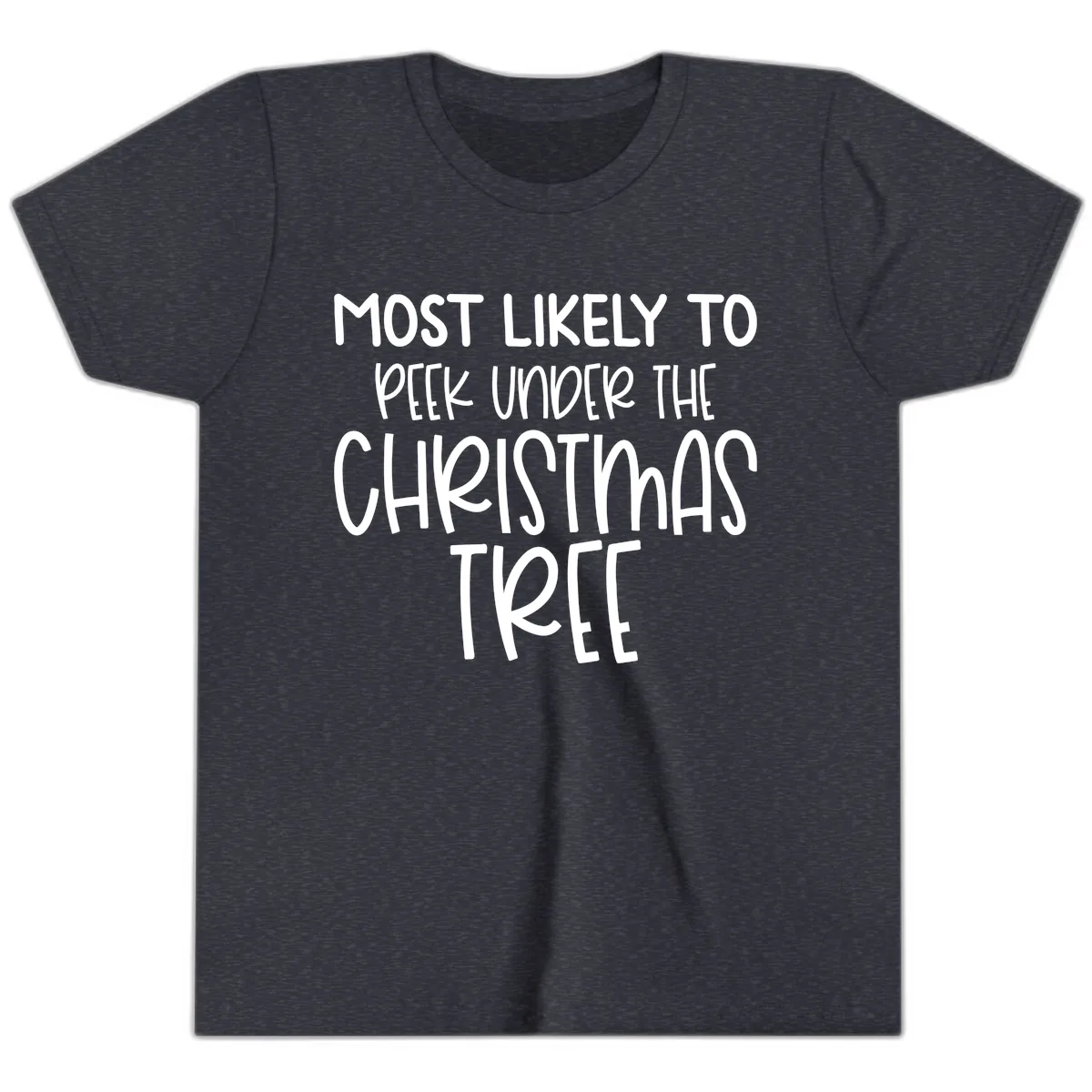 Most Likely To Peek Under Christmas Tree Youth T-Shirt in Heather Navy