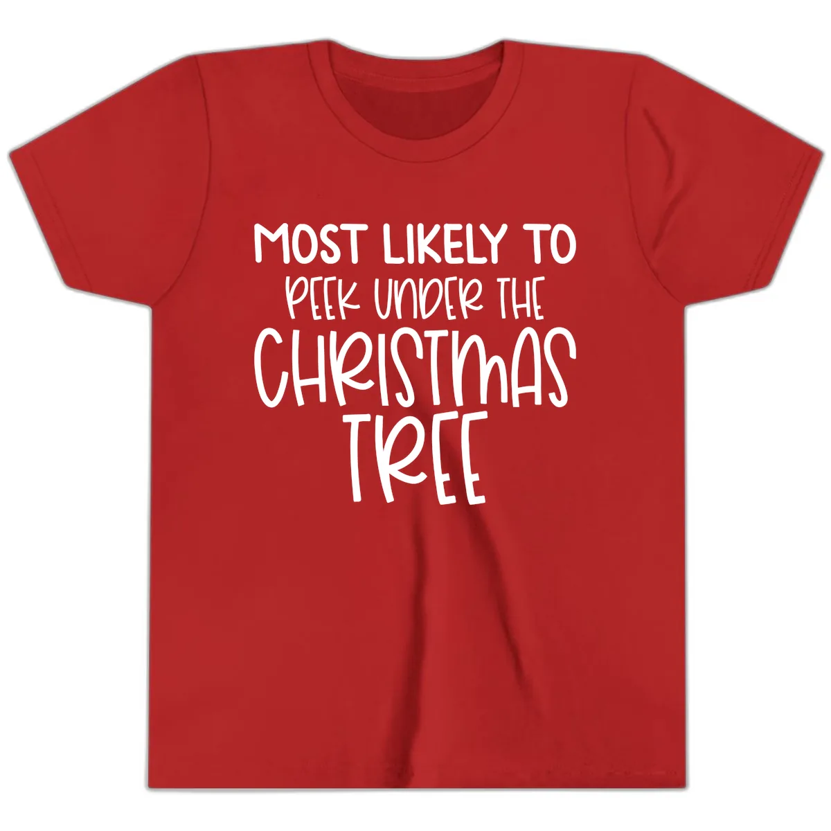 Most Likely To Peek Under Christmas Tree Youth T-Shirt in Red