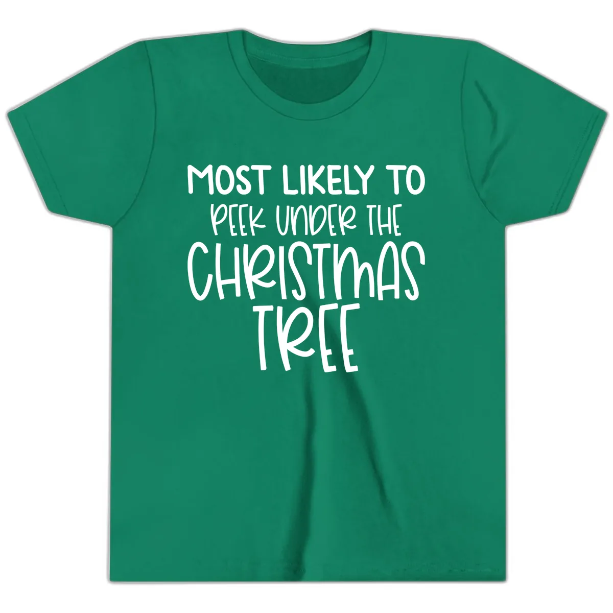 Most Likely To Peek Under Christmas Tree Youth T-Shirt in Kelly