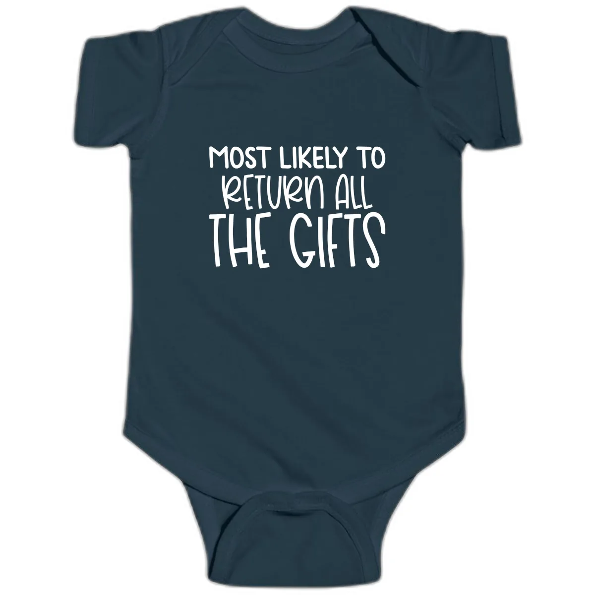Most Likely To Return All The Gifts Baby Onesie in Navy