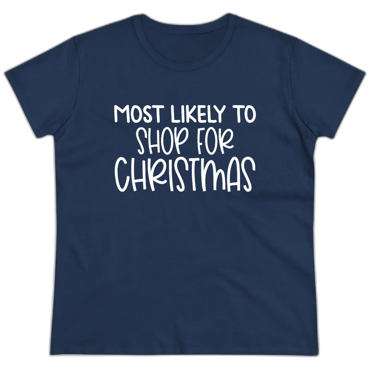 Most Likely To Shop For Christmas Ladies Tee in Navy