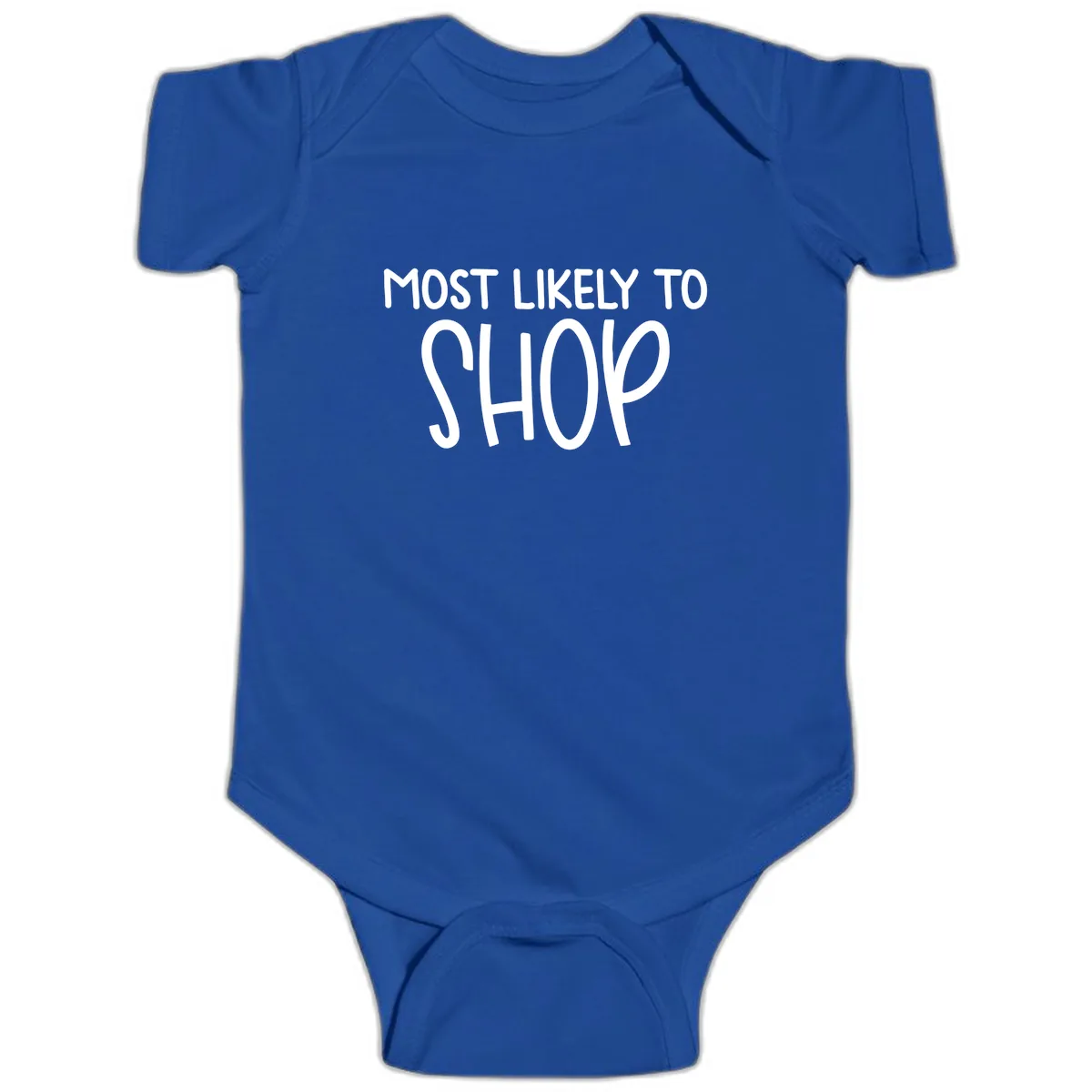 Most Likely To Shop Baby Onesie in Royal