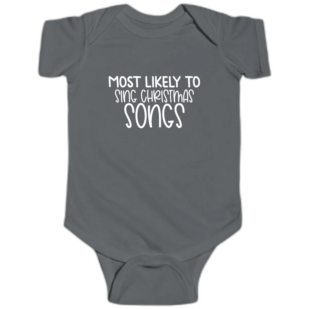 Most Likely To Sing Christmas Songs Baby Onesie in Charcoal