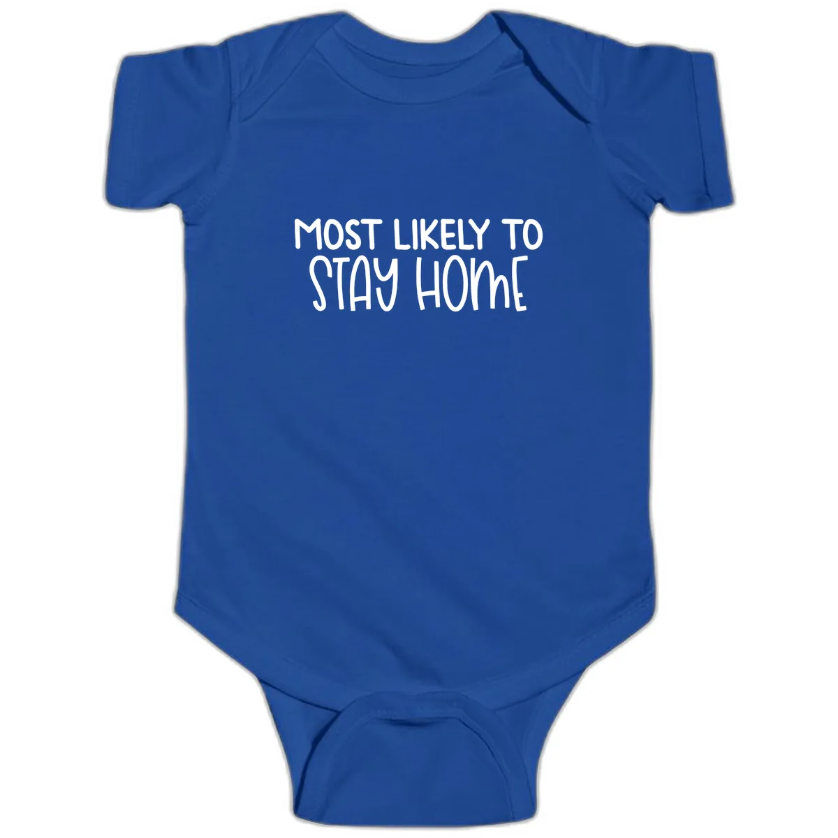 Most Likely To Stay Home Baby Onesie in Royal