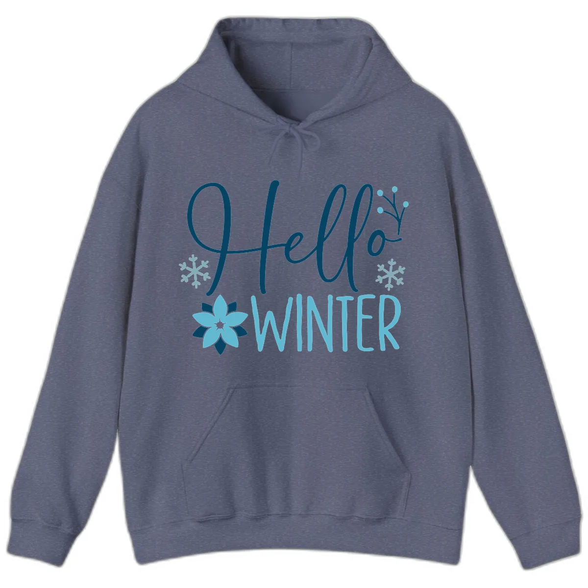 Hello Winter Cozy Script Design Hoodie in Heather Navy