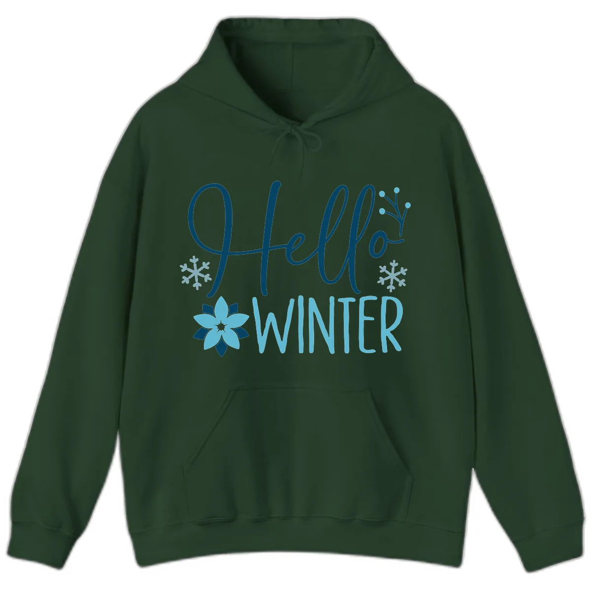 Hello Winter Cozy Script Design Hoodie in Forest Green