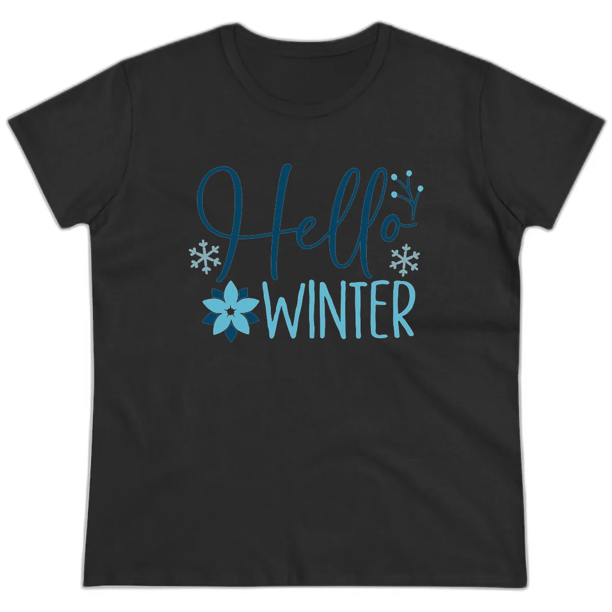 Hello Winter Cozy Script Design Ladies Tee in Black
