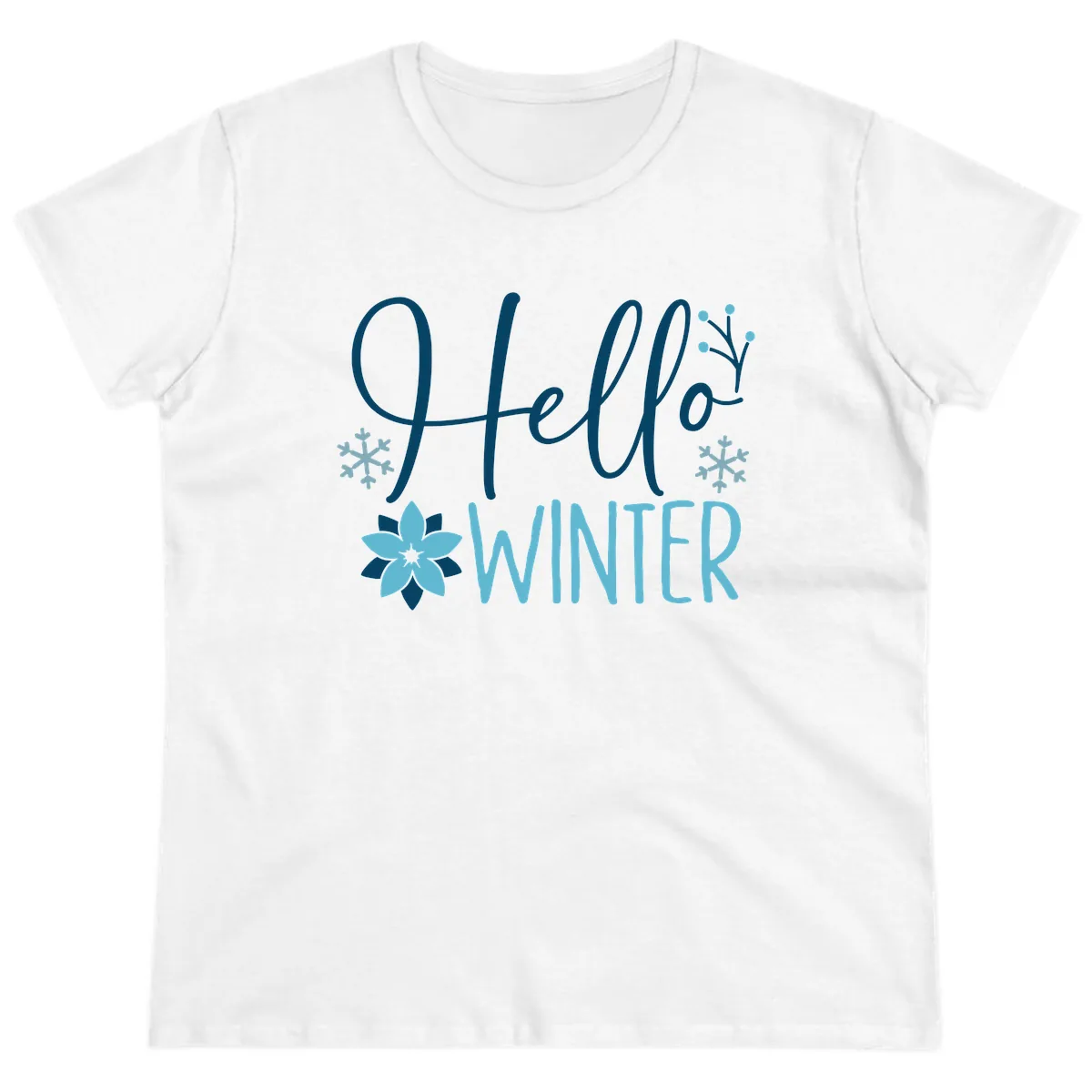 Hello Winter Cozy Script Design Ladies Tee in White