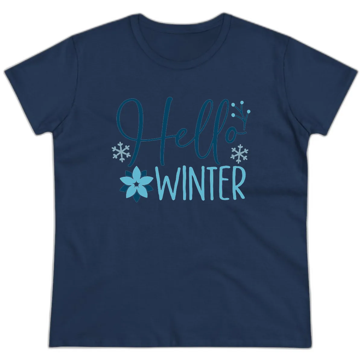 Hello Winter Cozy Script Design Ladies Tee in Navy