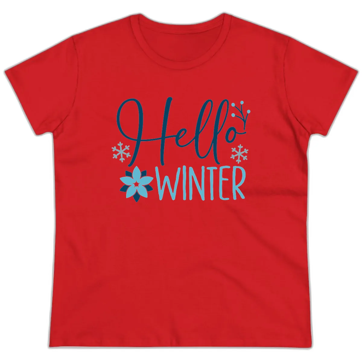 Hello Winter Cozy Script Design Ladies Tee in Red