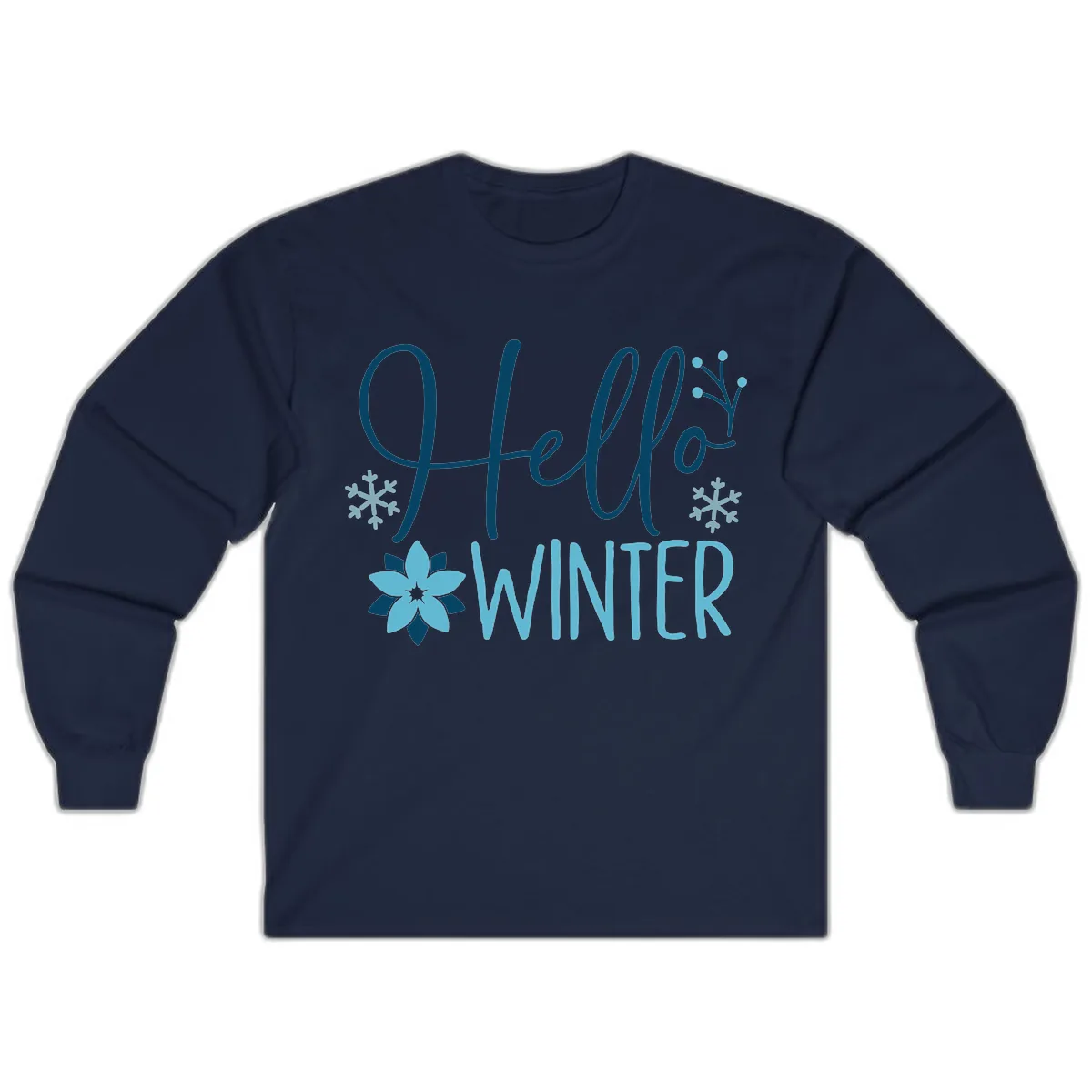 Hello Winter Cozy Script Design Long Sleeve in Navy