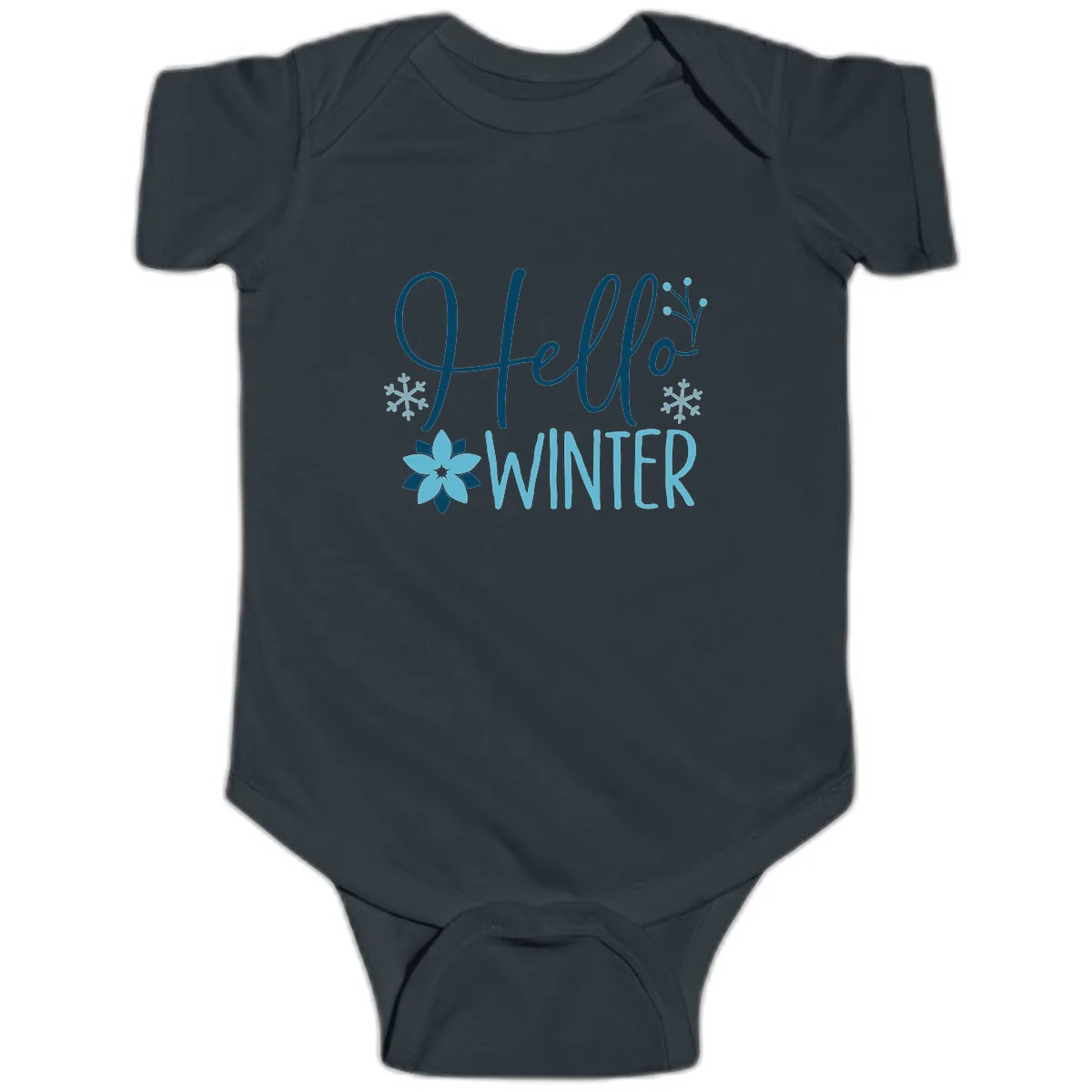 Hello Winter Cozy Script Design Baby Onesie in Black