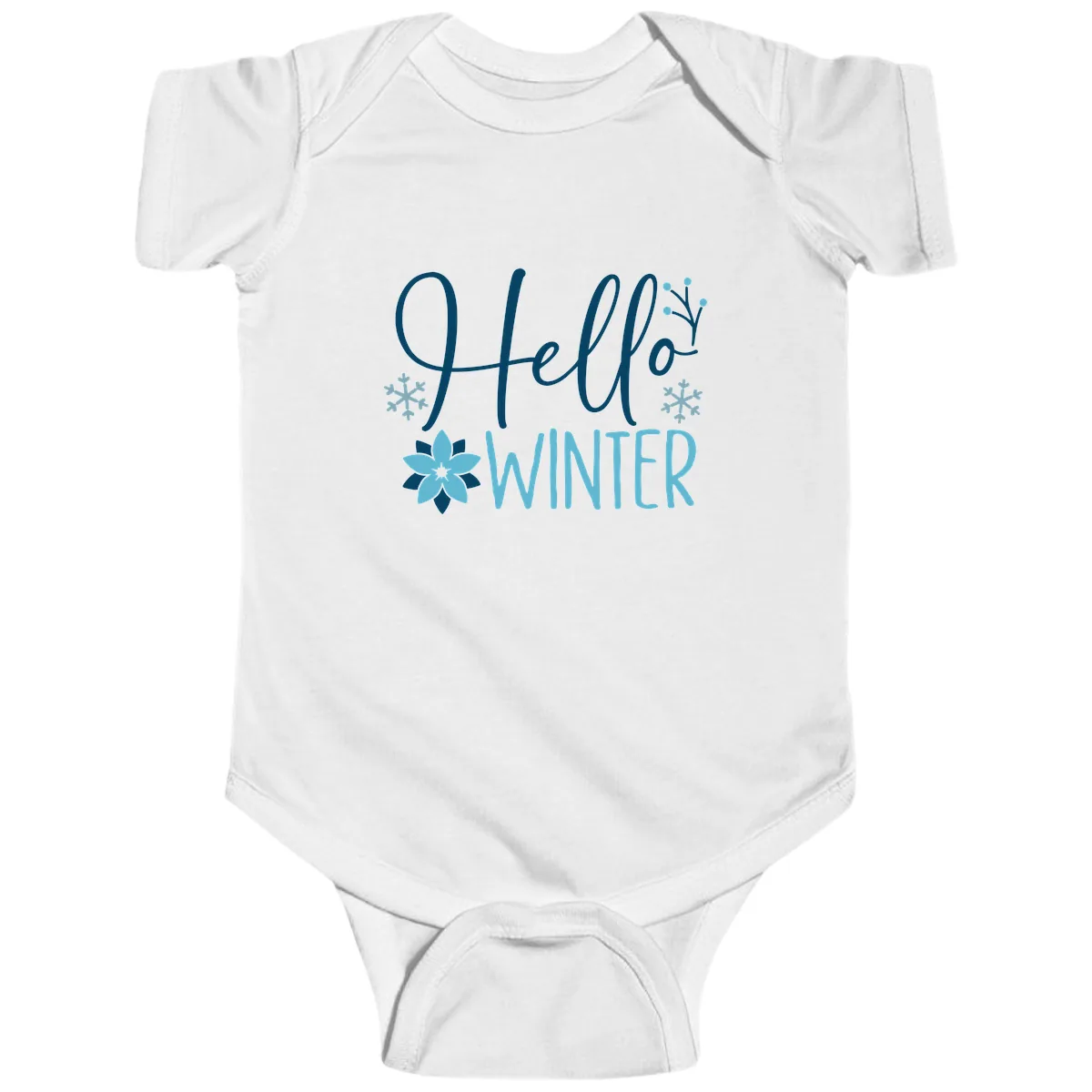 Hello Winter Cozy Script Design Baby Onesie in White