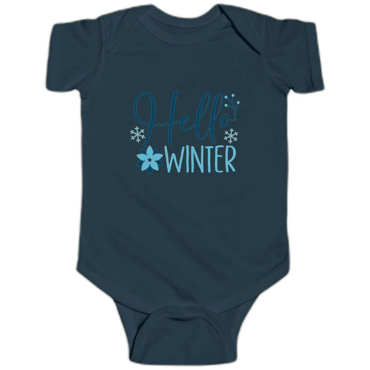 Hello Winter Cozy Script Design Baby Onesie in Navy