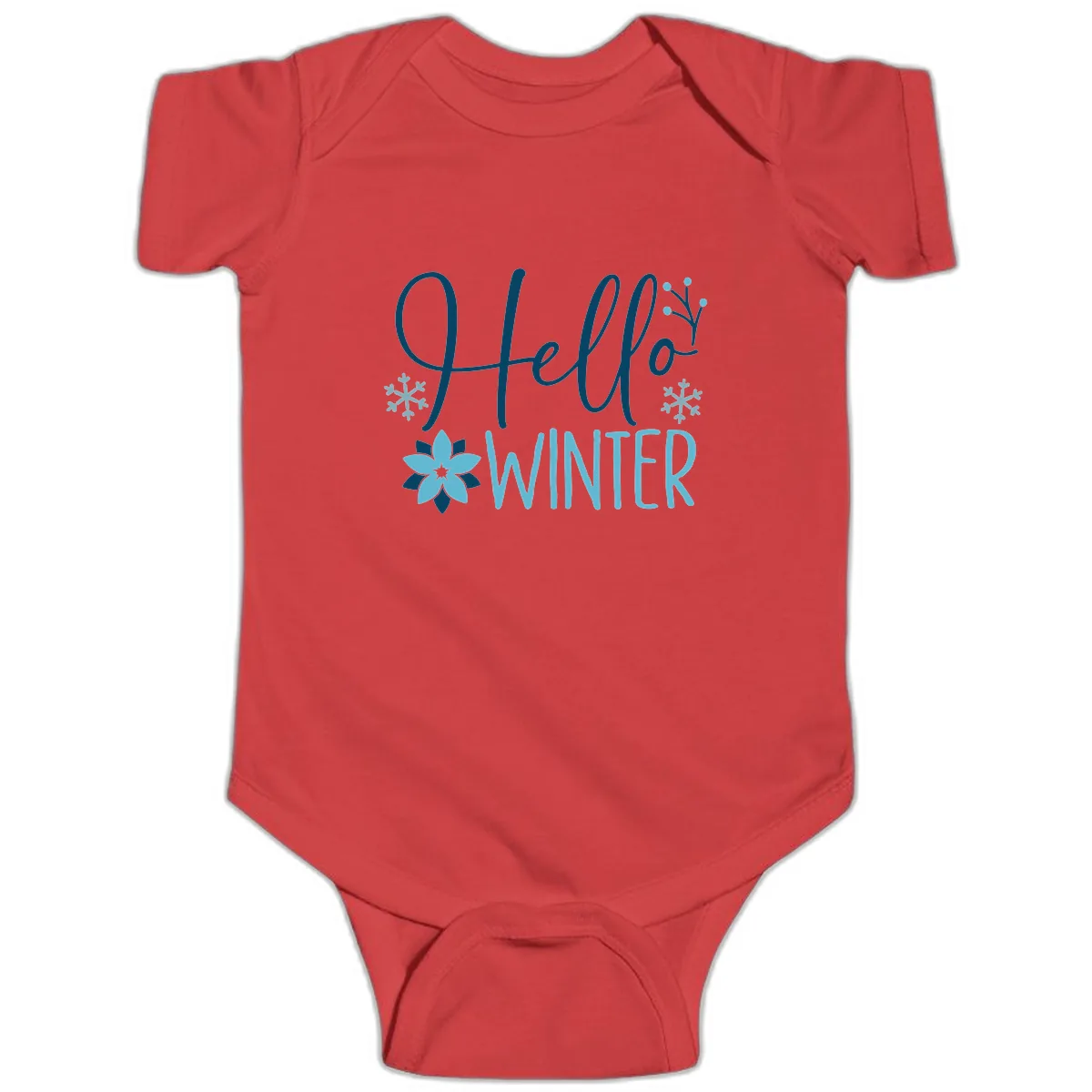 Hello Winter Cozy Script Design Baby Onesie in Red