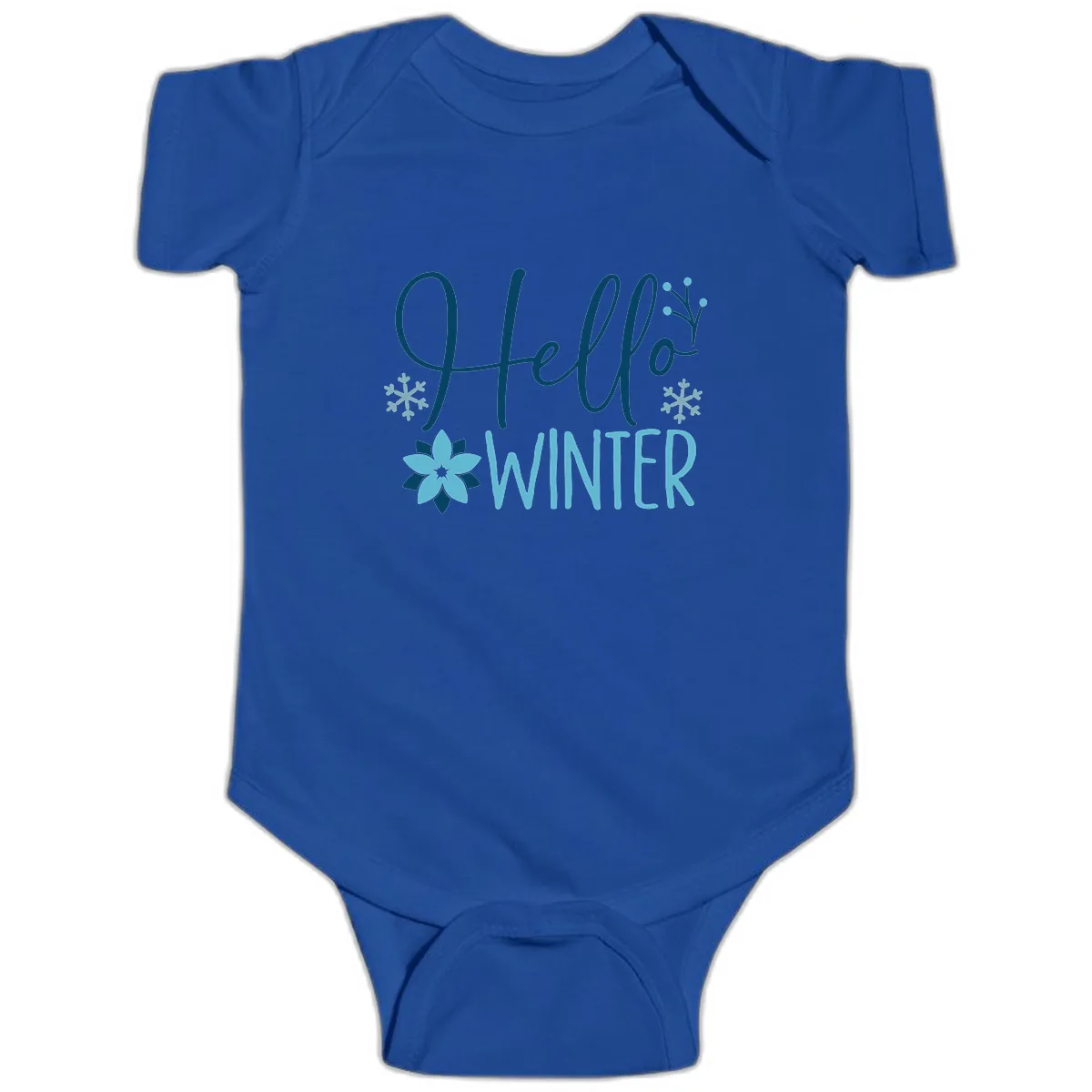 Hello Winter Cozy Script Design Baby Onesie in Royal