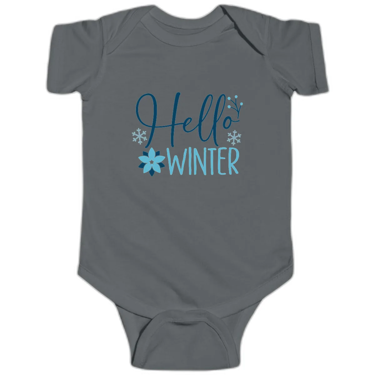 Hello Winter Cozy Script Design Baby Onesie in Charcoal