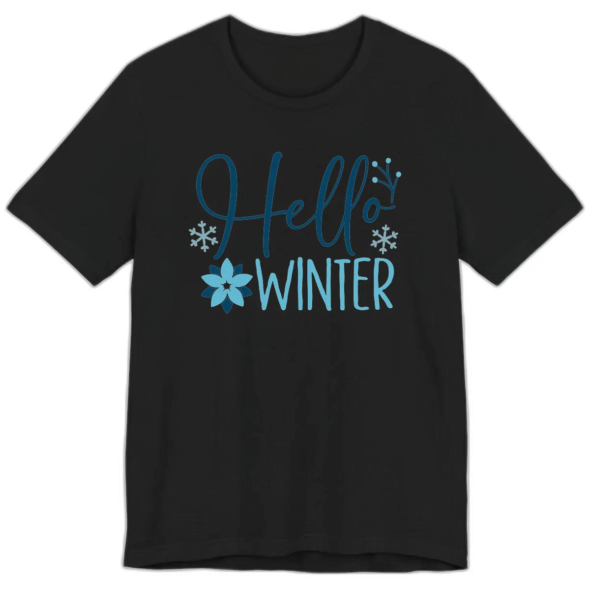 Hello Winter Cozy Script Design Premium T-Shirt in Black
