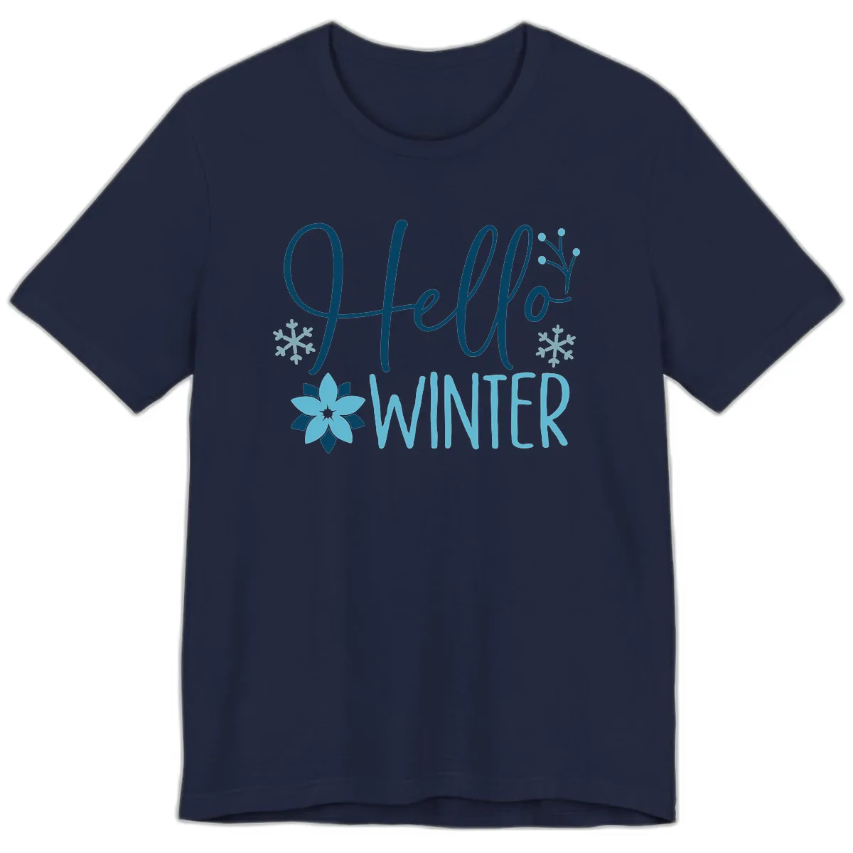 Hello Winter Cozy Script Design Premium T-Shirt in Navy