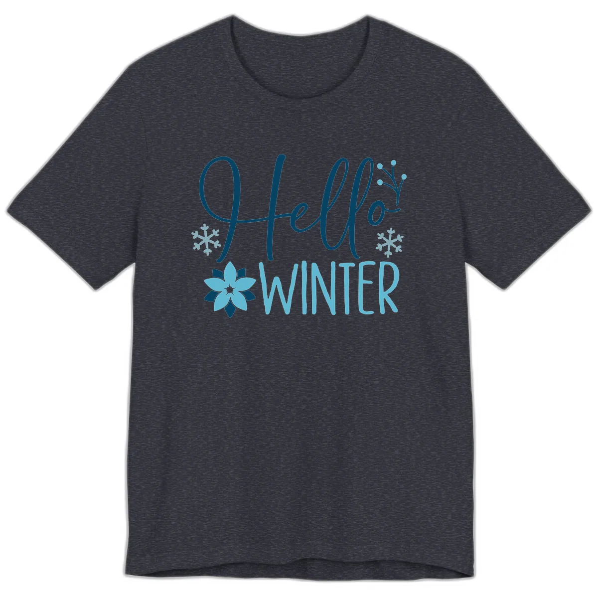Hello Winter Cozy Script Design Premium T-Shirt in Heather Navy