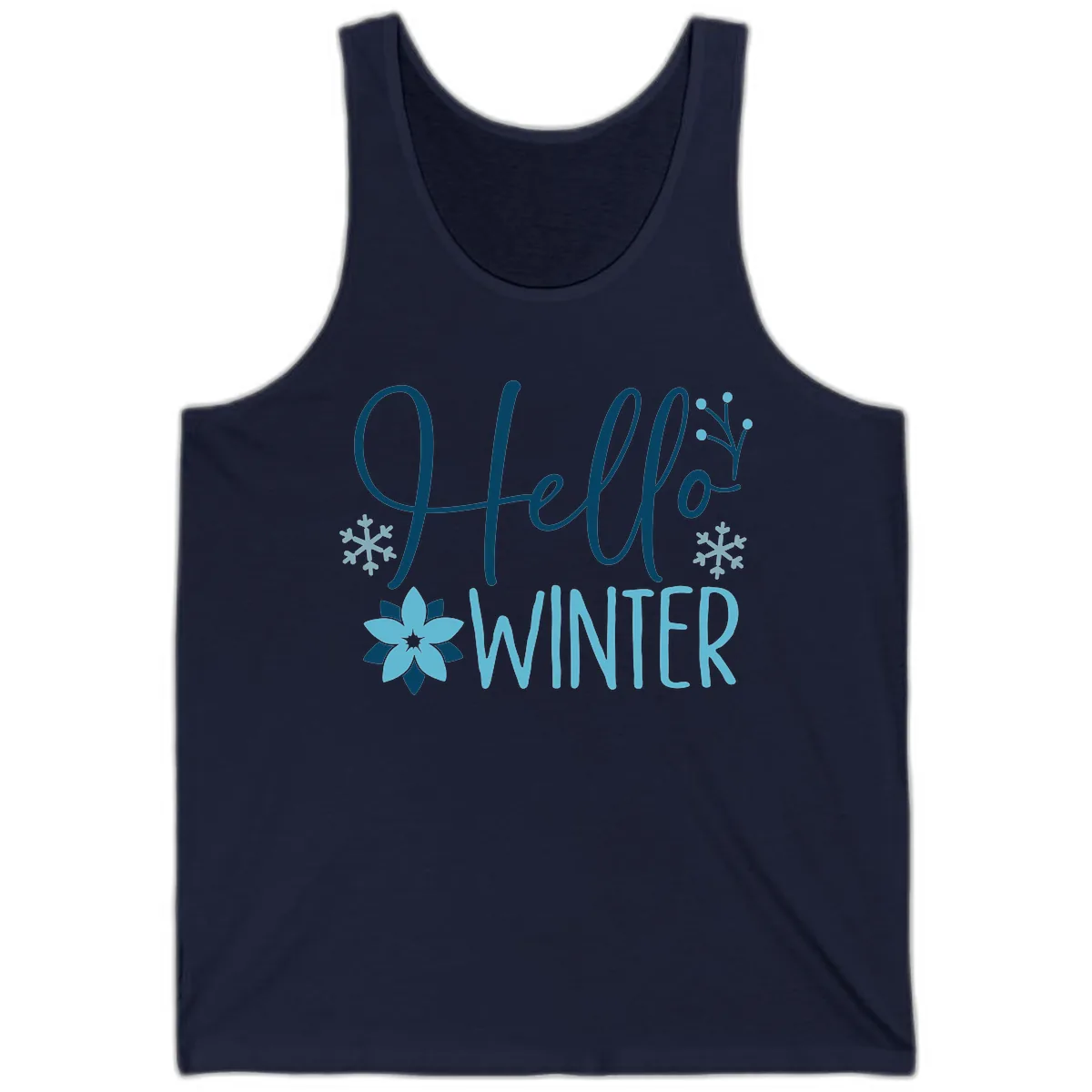 Hello Winter Cozy Script Design Tank in Navy