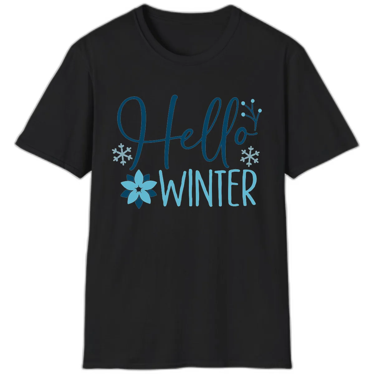 Hello Winter Cozy Script Design T-Shirt in Black