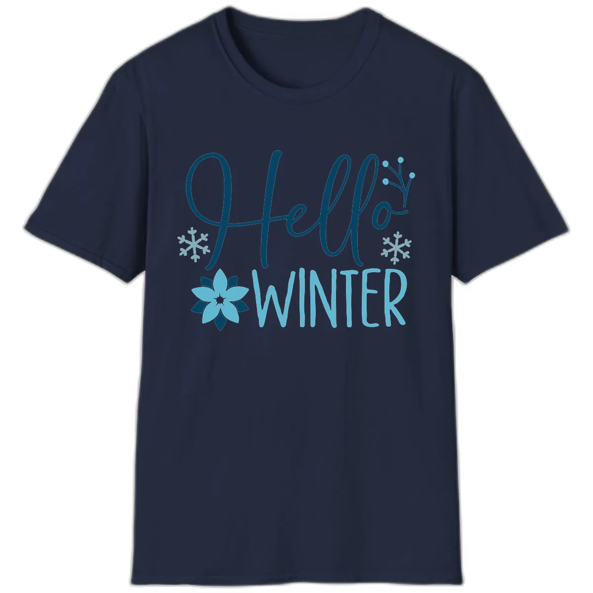 Hello Winter Cozy Script Design T-Shirt in Navy