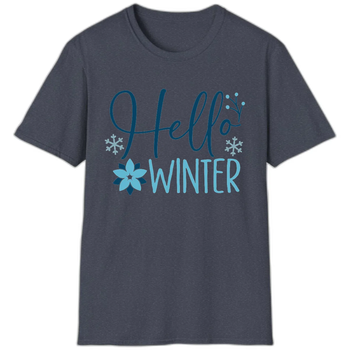 Hello Winter Cozy Script Design T-Shirt in Heather Navy