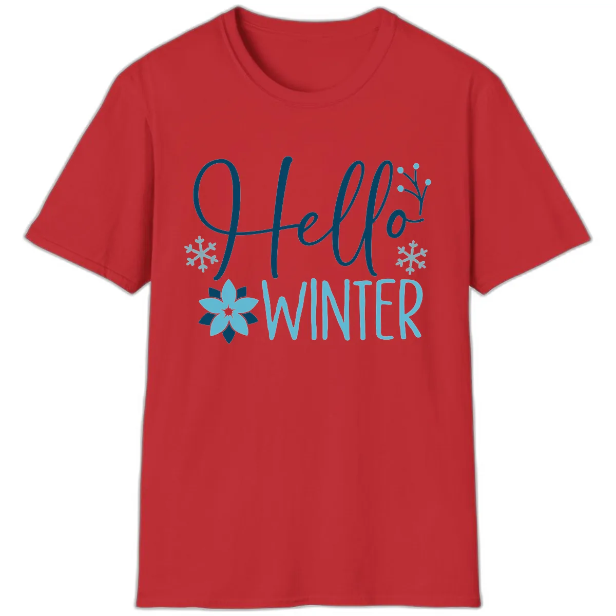 Hello Winter Cozy Script Design T-Shirt in Red