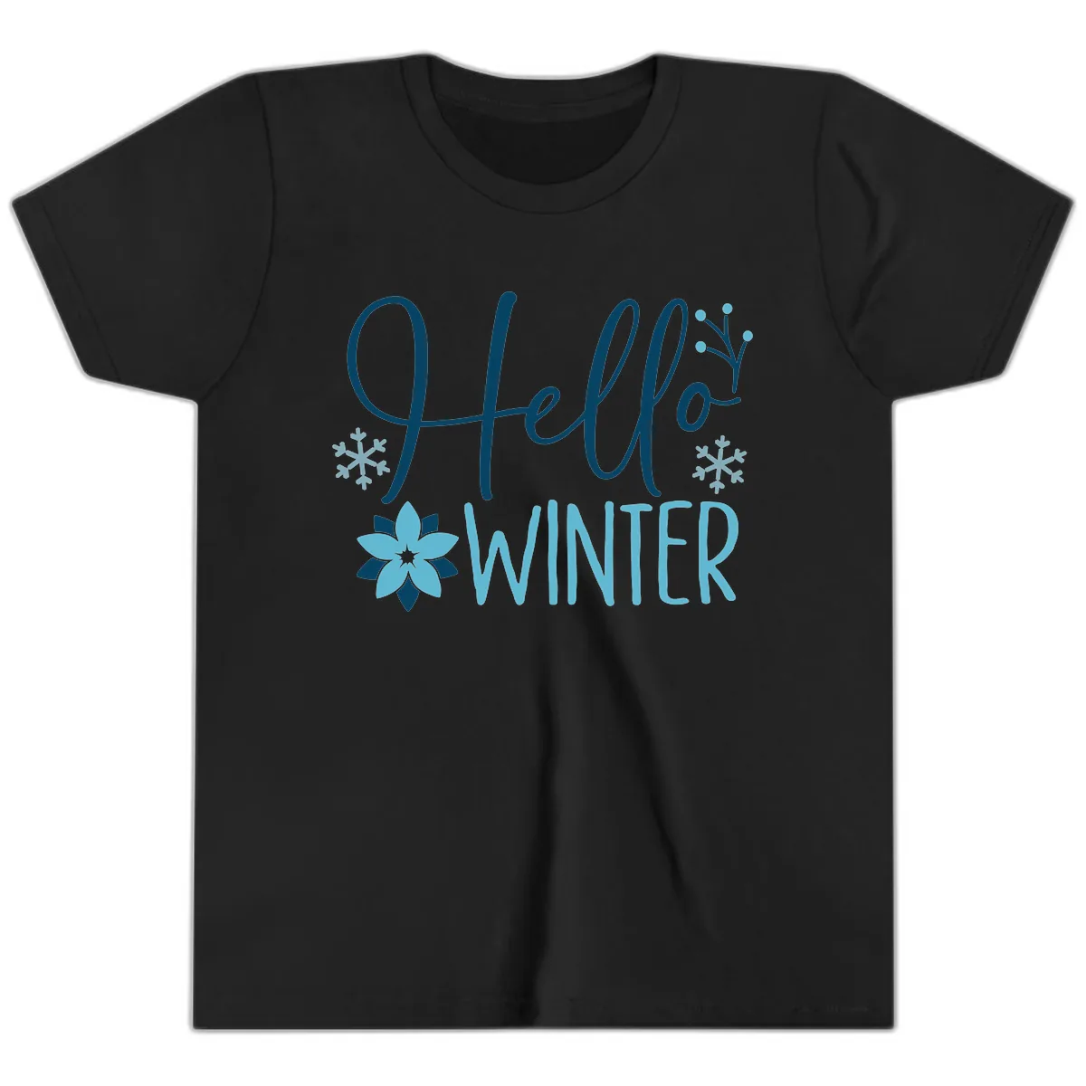 Hello Winter Cozy Script Design Youth T-Shirt in Black