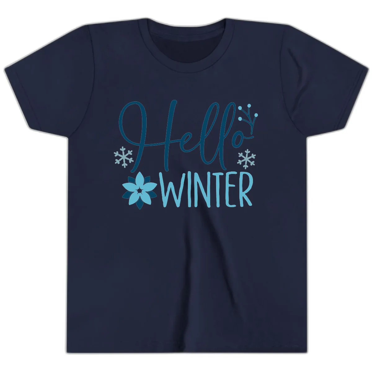 Hello Winter Cozy Script Design Youth T-Shirt in Navy