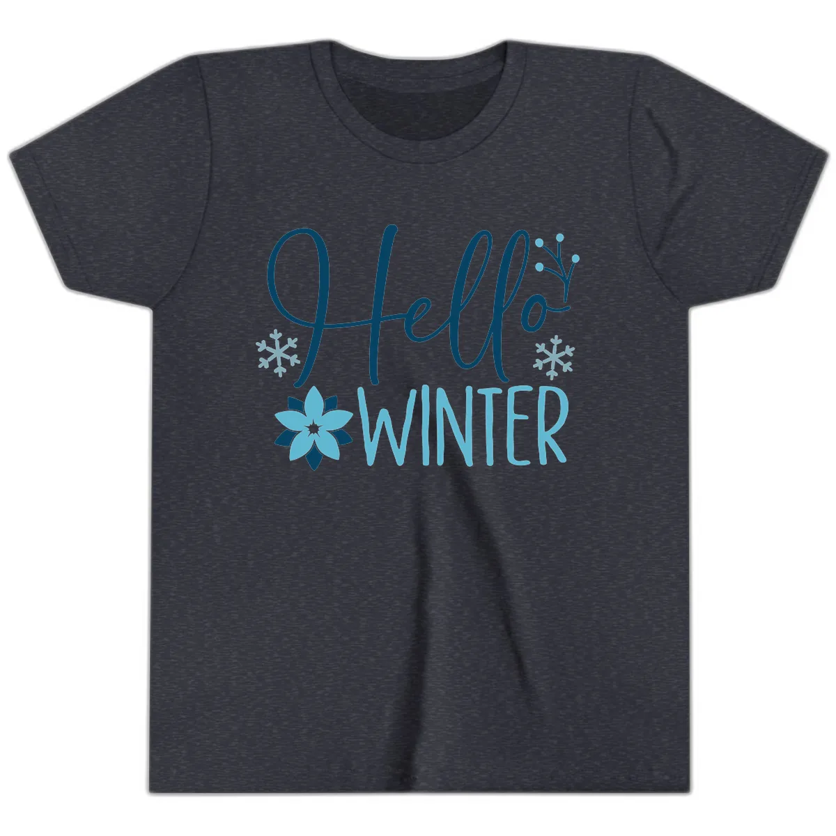 Hello Winter Cozy Script Design Youth T-Shirt in Heather Navy