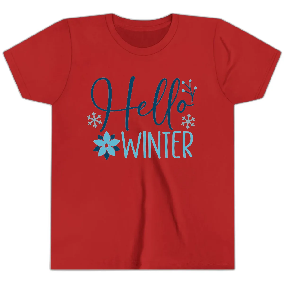 Hello Winter Cozy Script Design Youth T-Shirt in Red