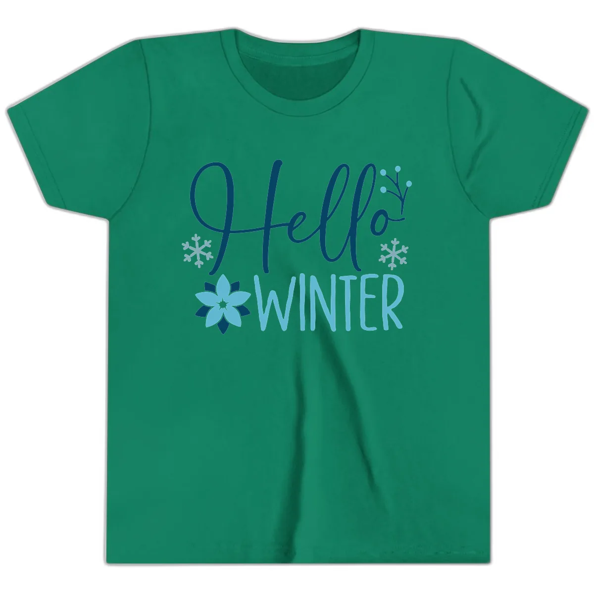 Hello Winter Cozy Script Design Youth T-Shirt in Kelly
