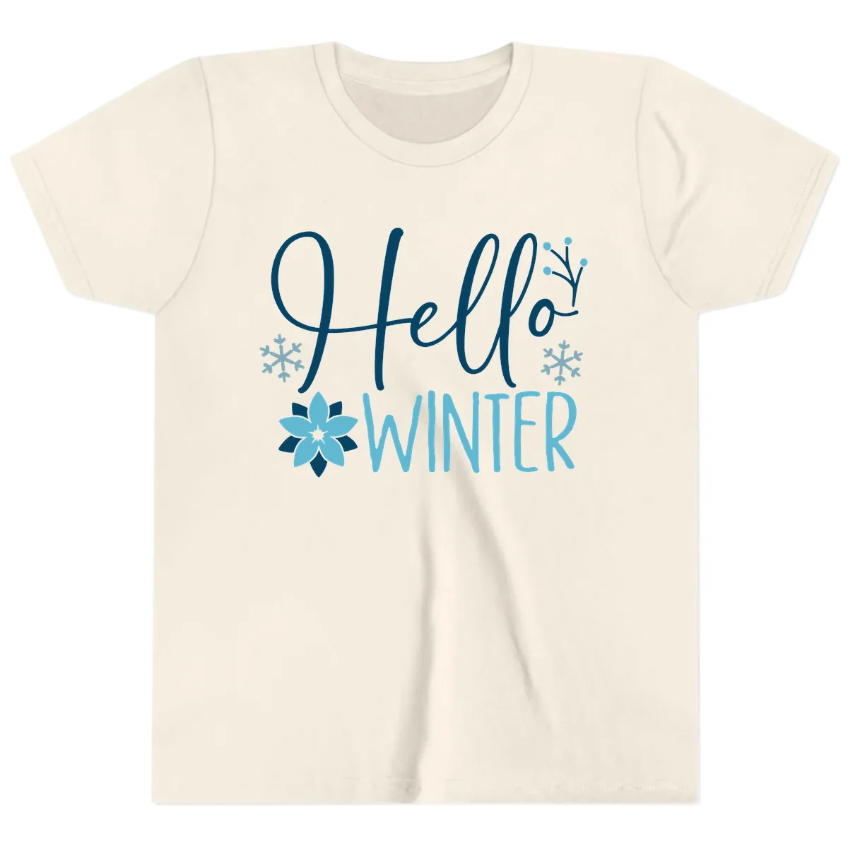 Hello Winter Cozy Script Design Youth T-Shirt in Natural