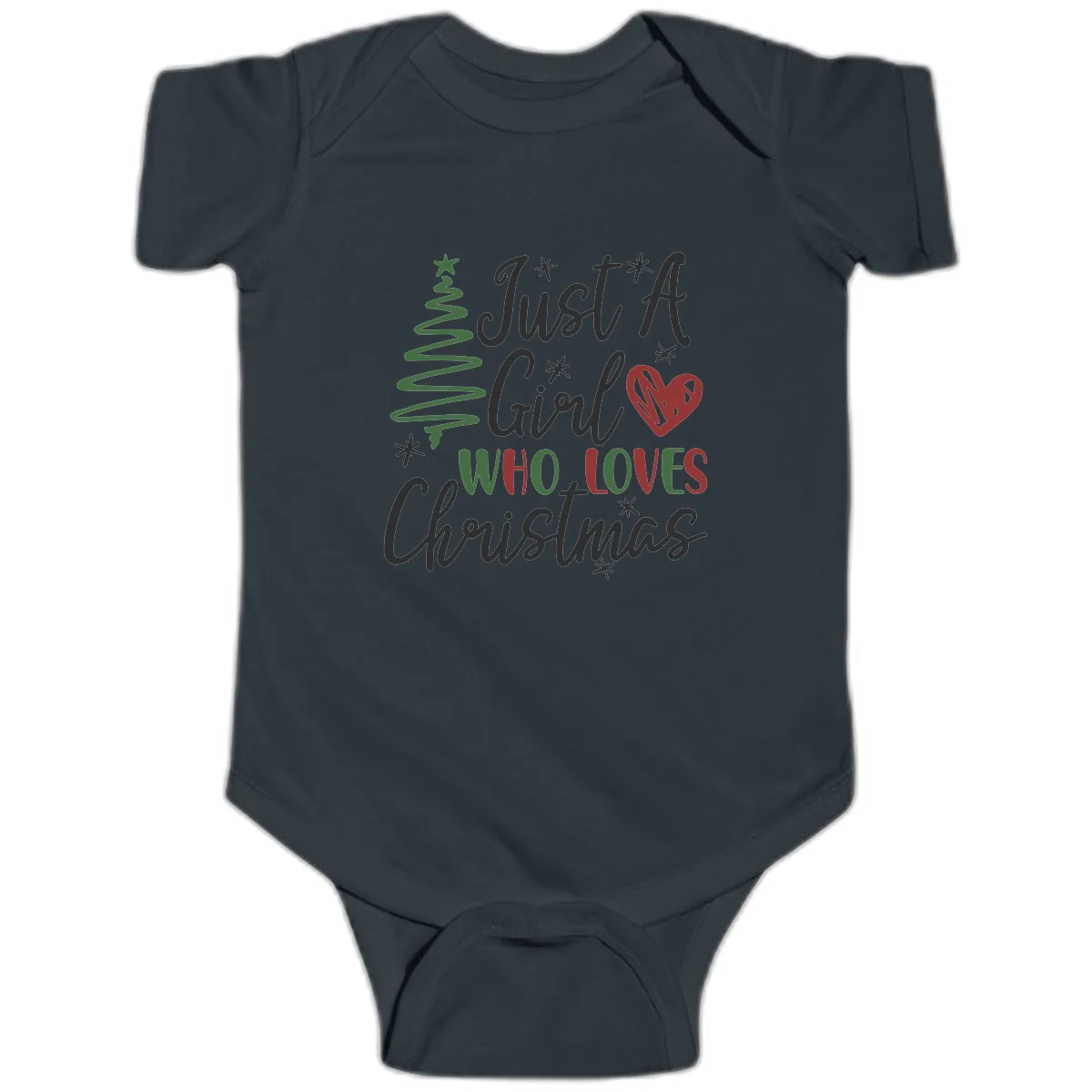 Girl Who Loves Christmas Typography Baby Onesie in Black