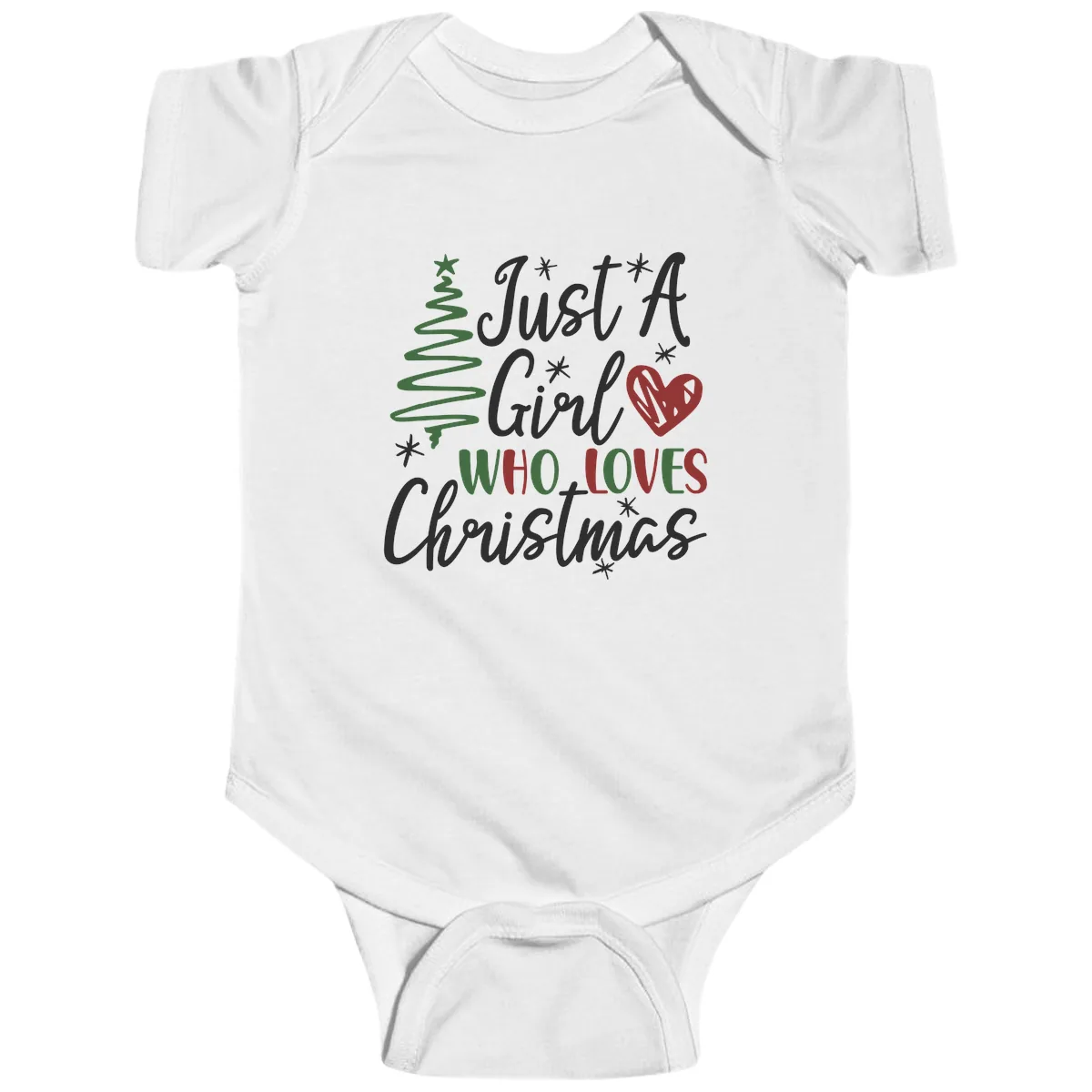 Girl Who Loves Christmas Typography Baby Onesie in White