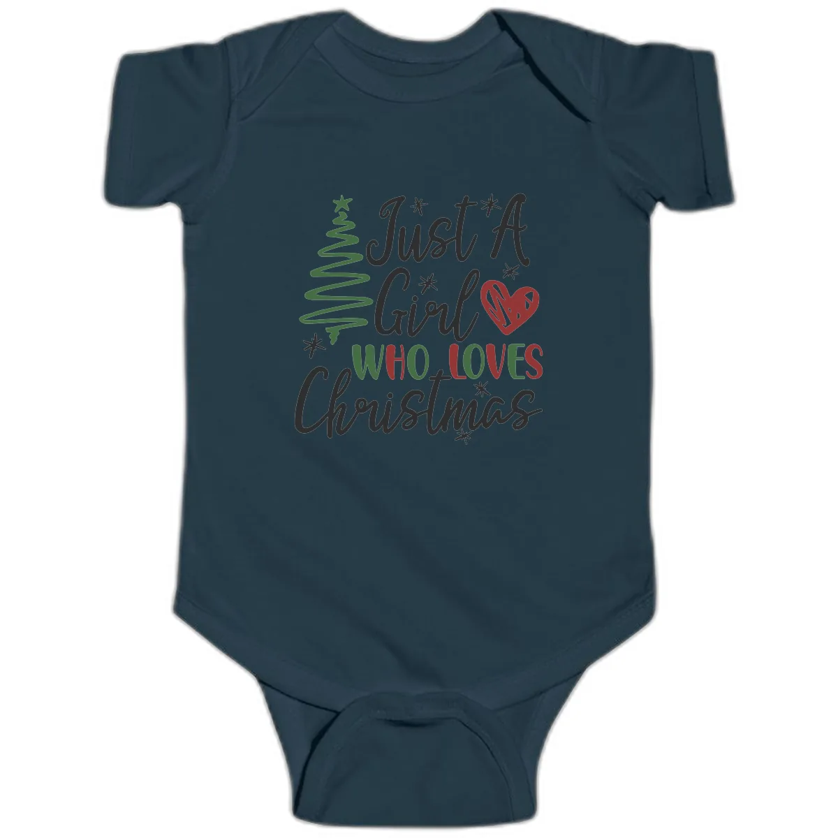 Girl Who Loves Christmas Typography Baby Onesie in Navy