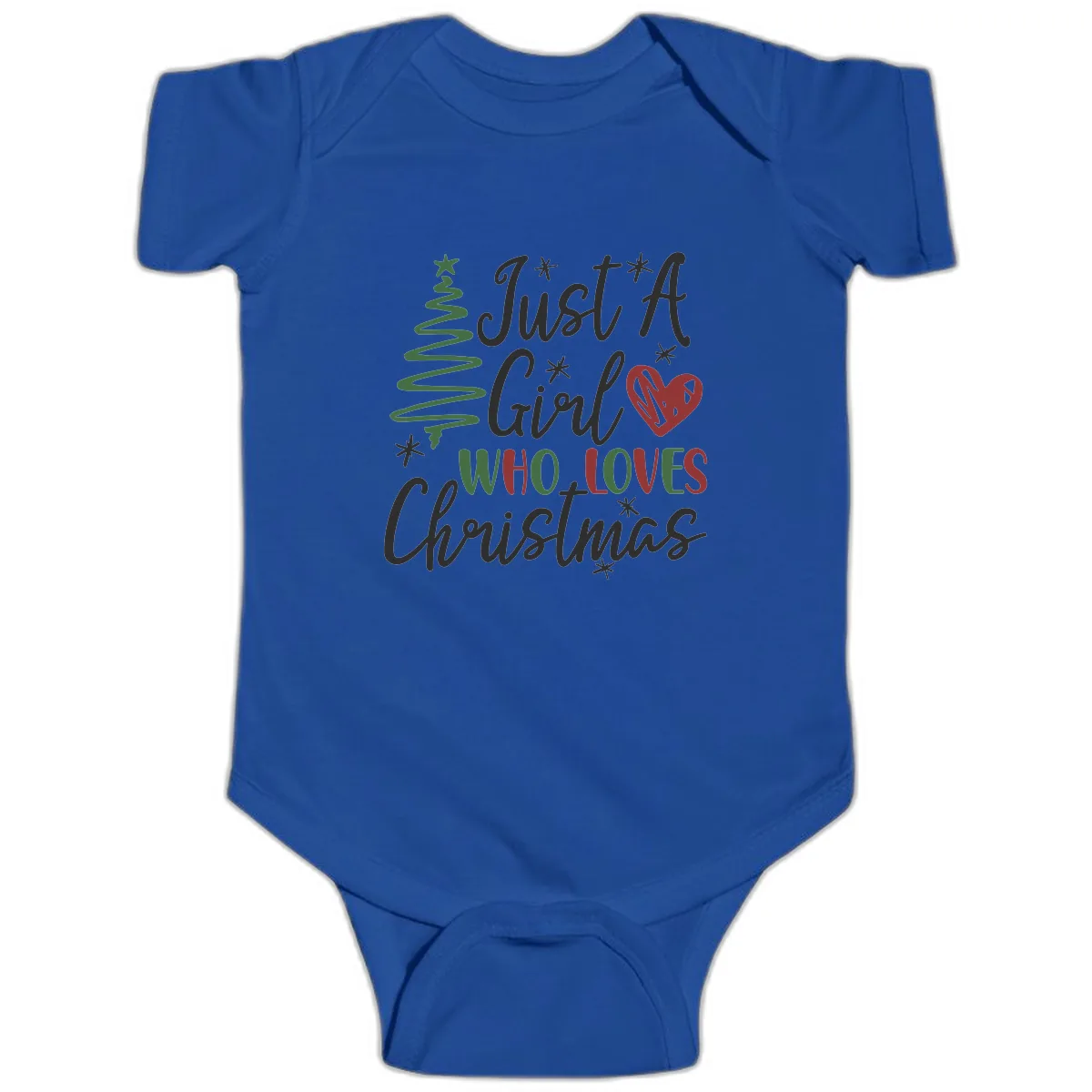 Girl Who Loves Christmas Typography Baby Onesie in Royal