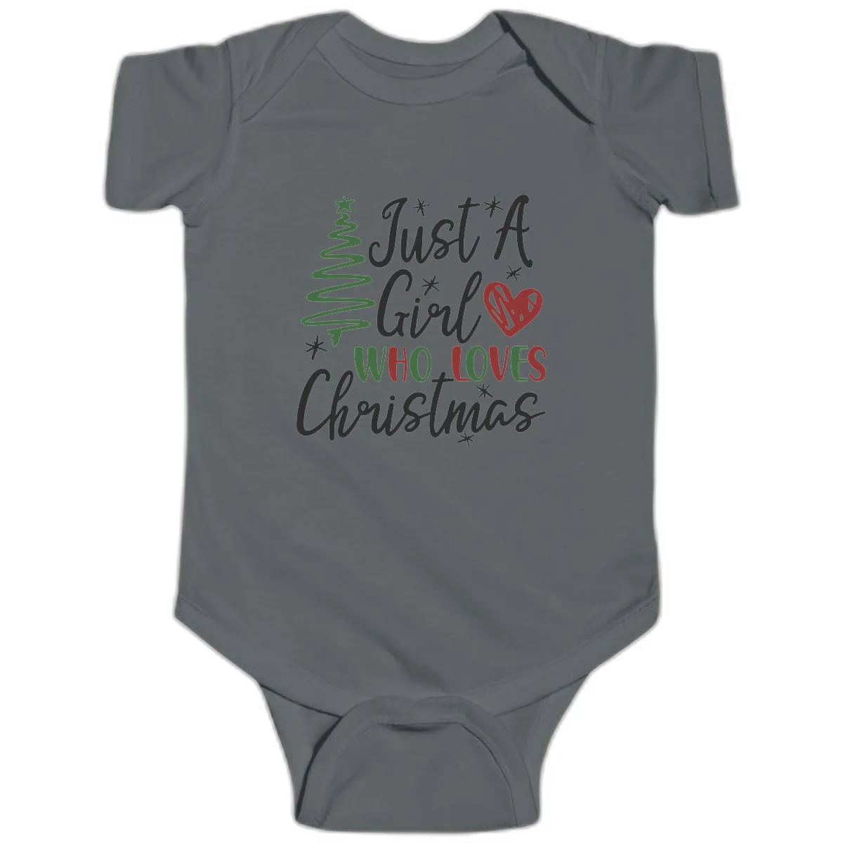 Girl Who Loves Christmas Typography Baby Onesie in Charcoal