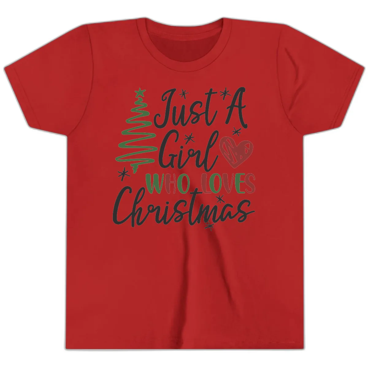 Girl Who Loves Christmas Typography Youth T-Shirt in Red