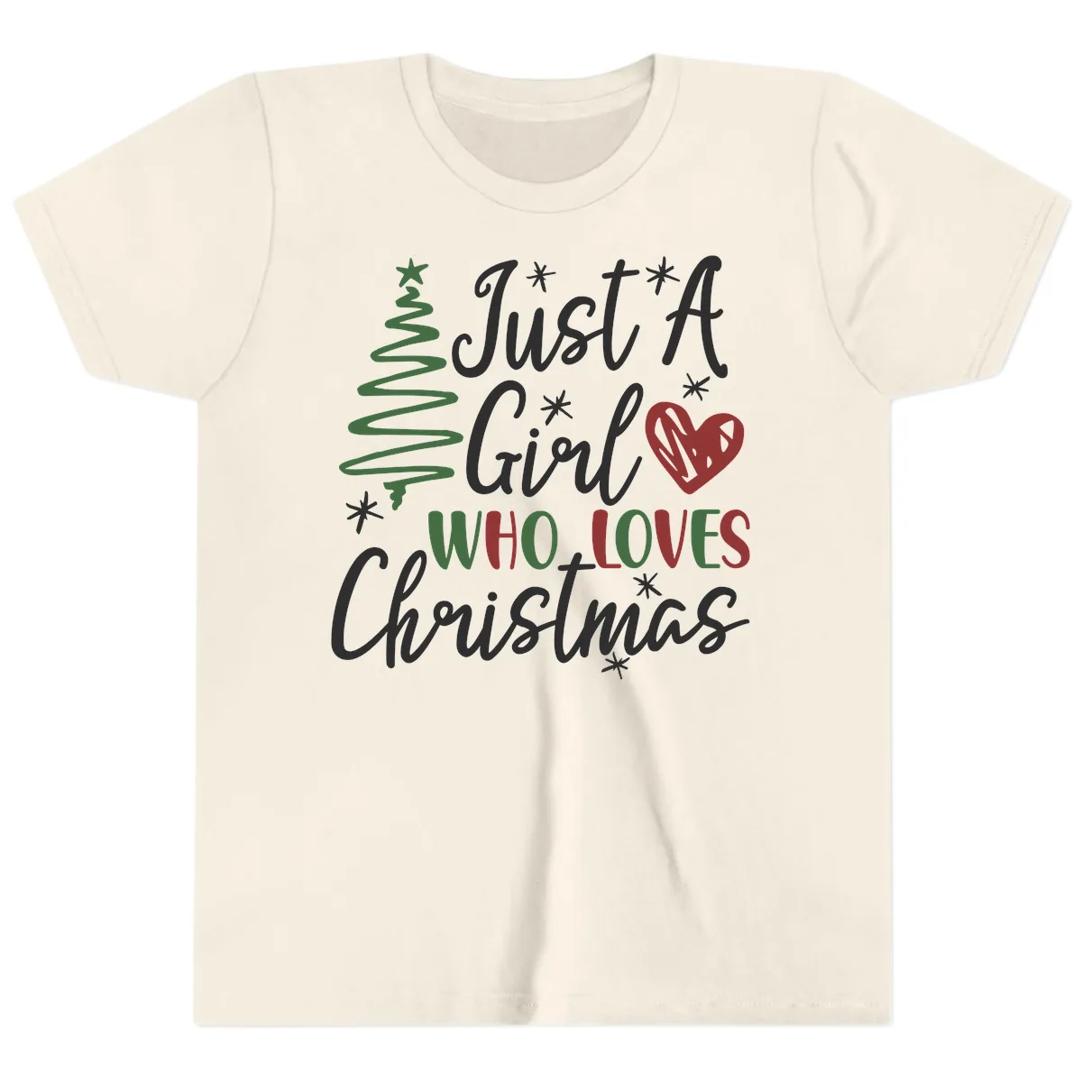 Girl Who Loves Christmas Typography Youth T-Shirt in Natural
