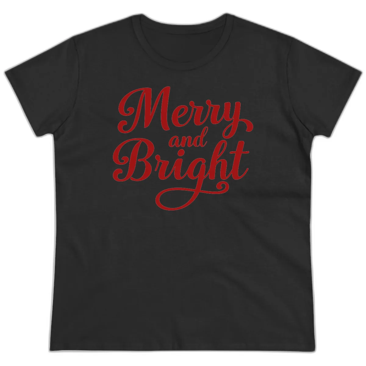Merry and Bright Script Typography Ladies Tee in Black